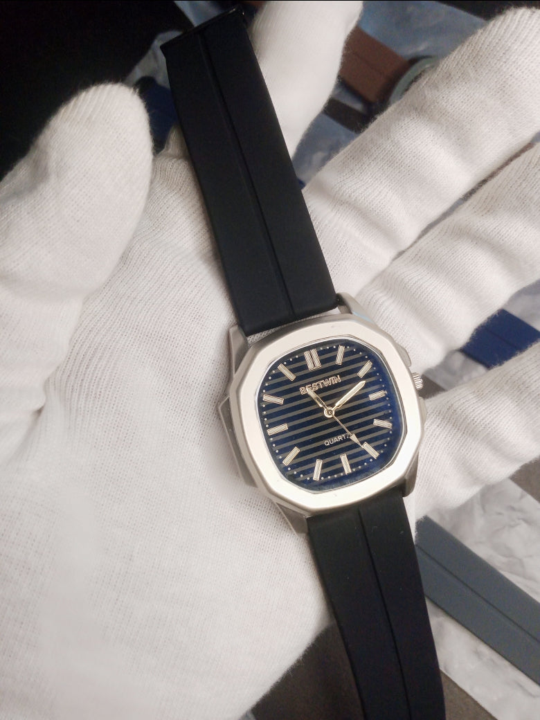 Bestwin Quartz Silver Dial | Black Rubber Strap with Master Lock