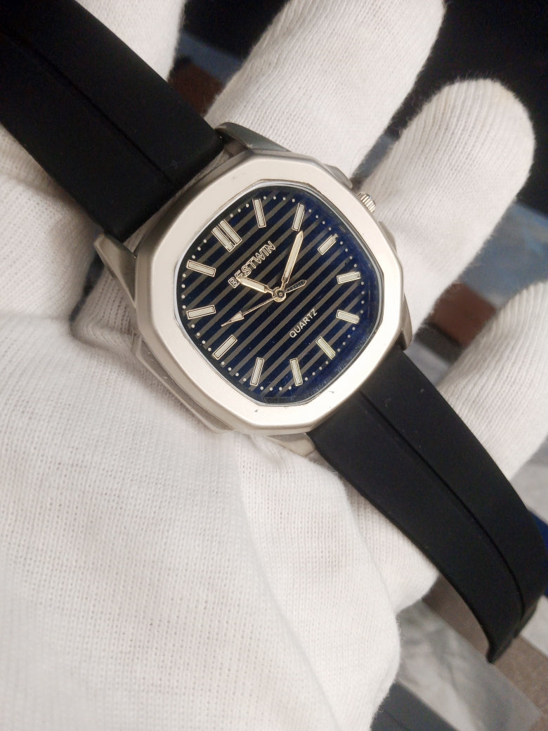 Bestwin Quartz Silver Dial | Black Rubber Strap with Master Lock