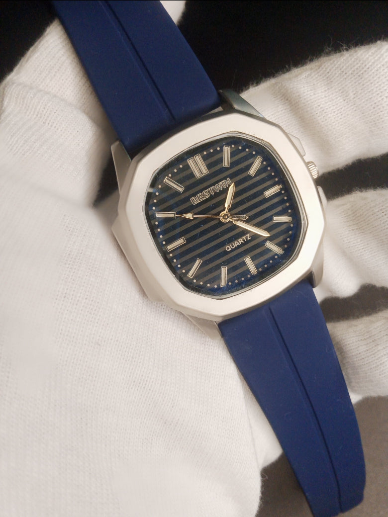 Bestwin Quartz Silver Dial | Blue Rubber Strap with Master Lock