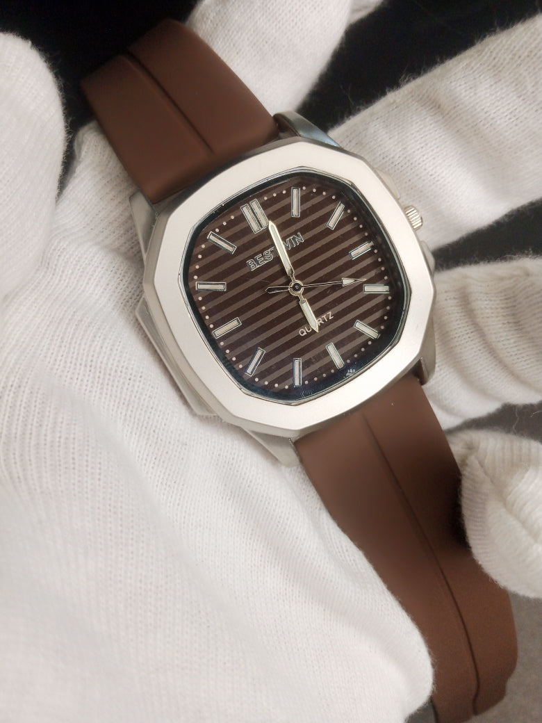Bestwin Quartz Silver Dial | Brown Rubber Strap with Master Lock