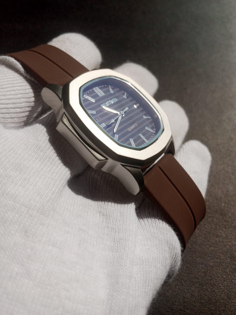 Bestwin Quartz Silver Dial | Brown Rubber Strap with Master Lock